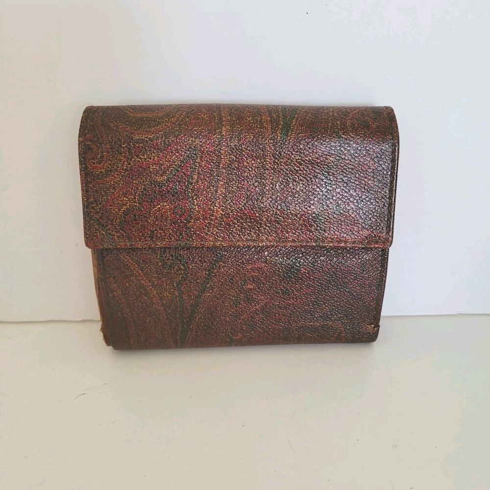 Etro Vintage Brown Paisley Medium Leather Wallet Compact Logo Italian Bifold